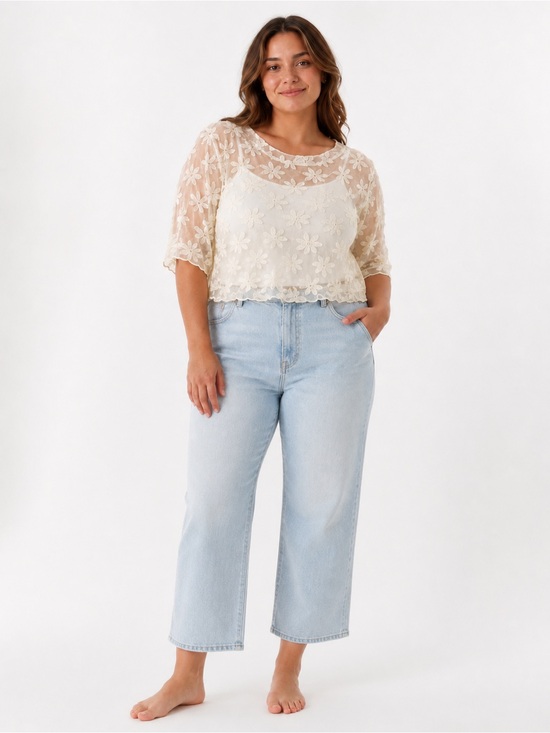 porridge Tops - Daisy sheer cropped tee with embroidery size 2X (runs small) see measurements